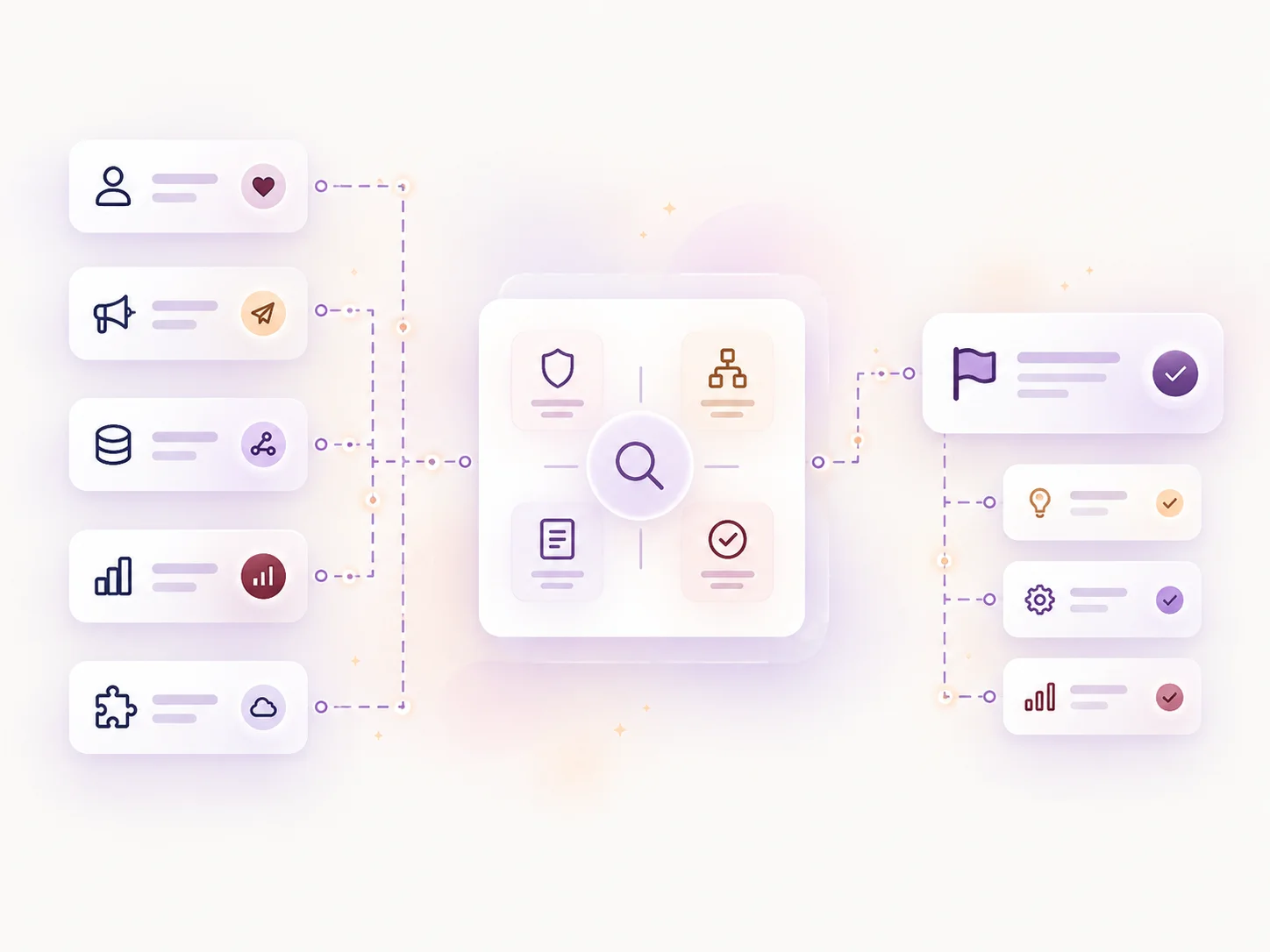 Illustration showing loyalty, customer data and business systems being assessed and turned into a clear program recommendation.